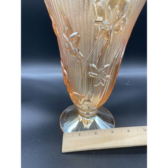 Vintage Jeanette Carnival/Depression Glass Vase Marigold Herringbone Iris - Picture 9 of 10